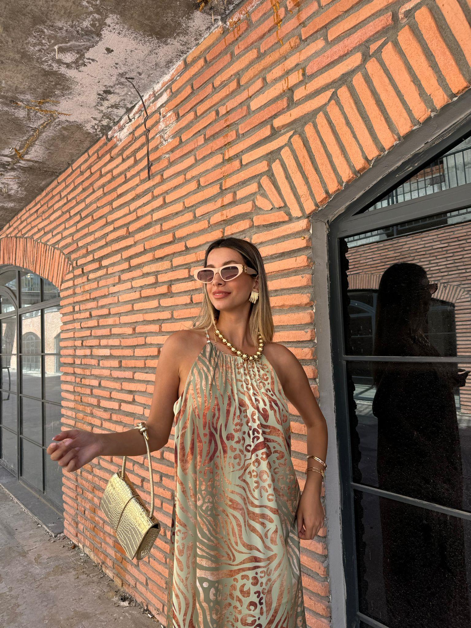 Miessa Varak Leopar Baskılı Su Yeşili Elbise 07062193