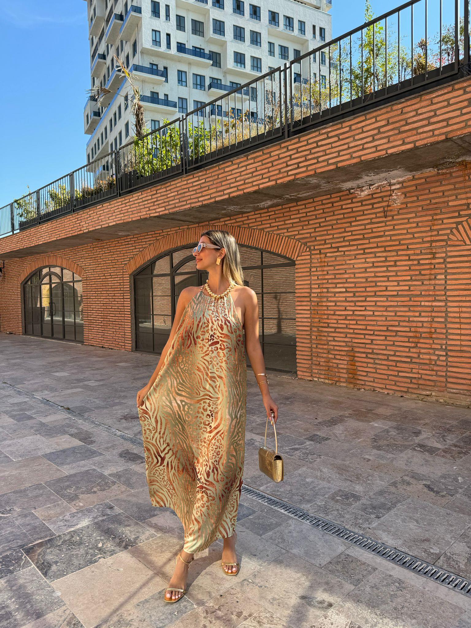 Miessa Varak Leopar Baskılı Su Yeşili Elbise 07062193