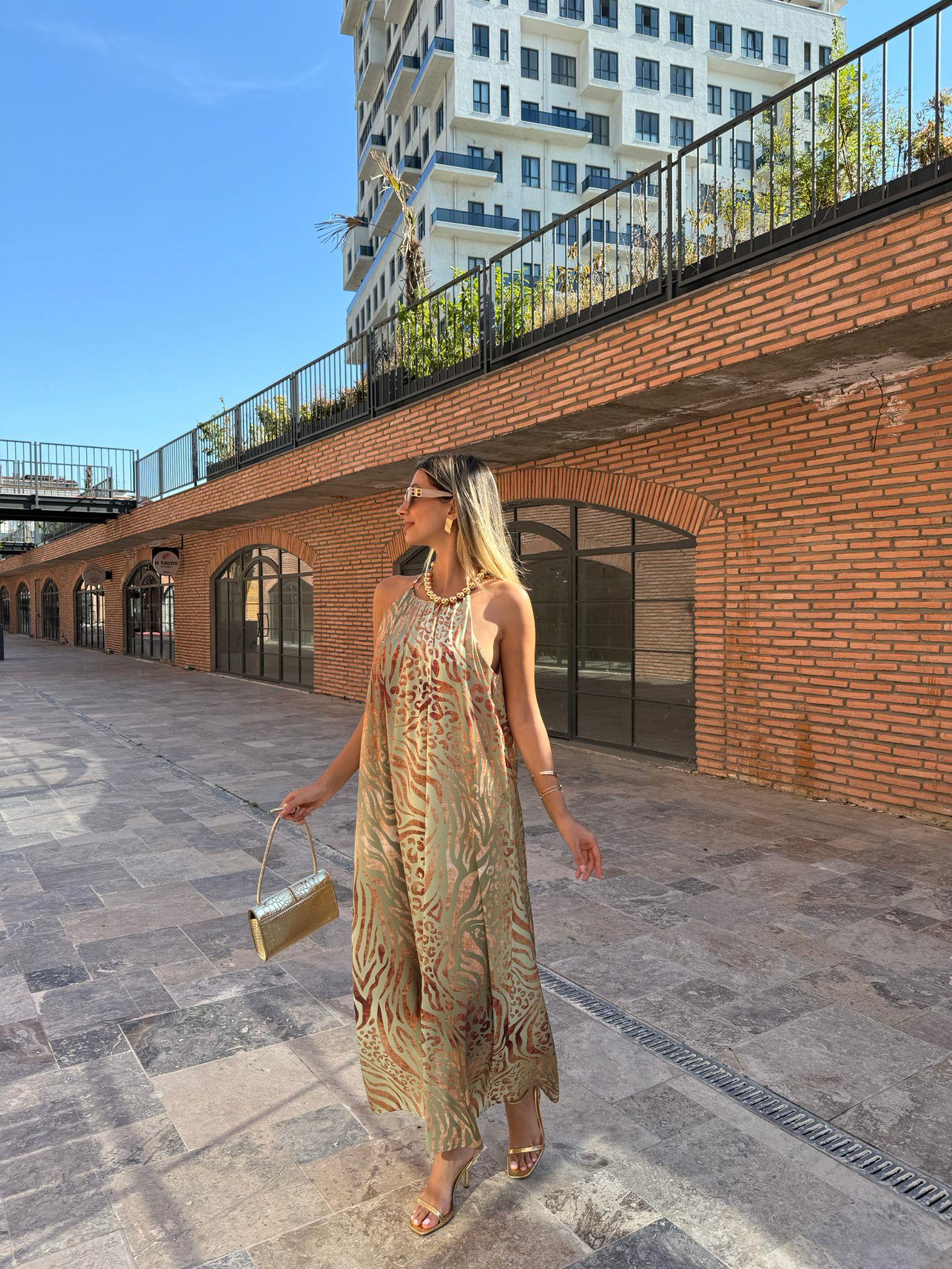 Miessa Varak Leopar Baskılı Su Yeşili Elbise 07062193