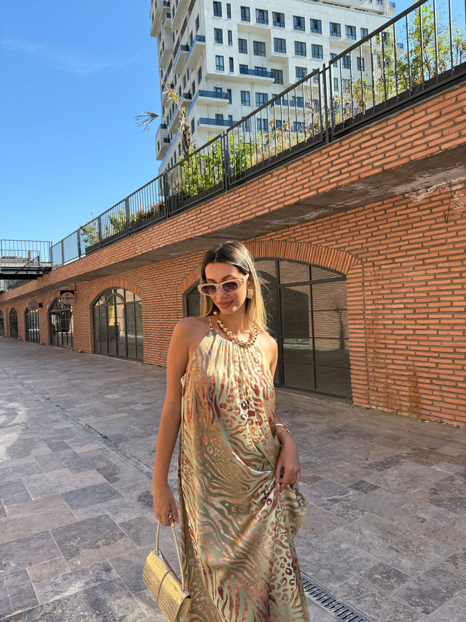 Miessa Varak Leopar Baskılı Su Yeşili Elbise 07062193