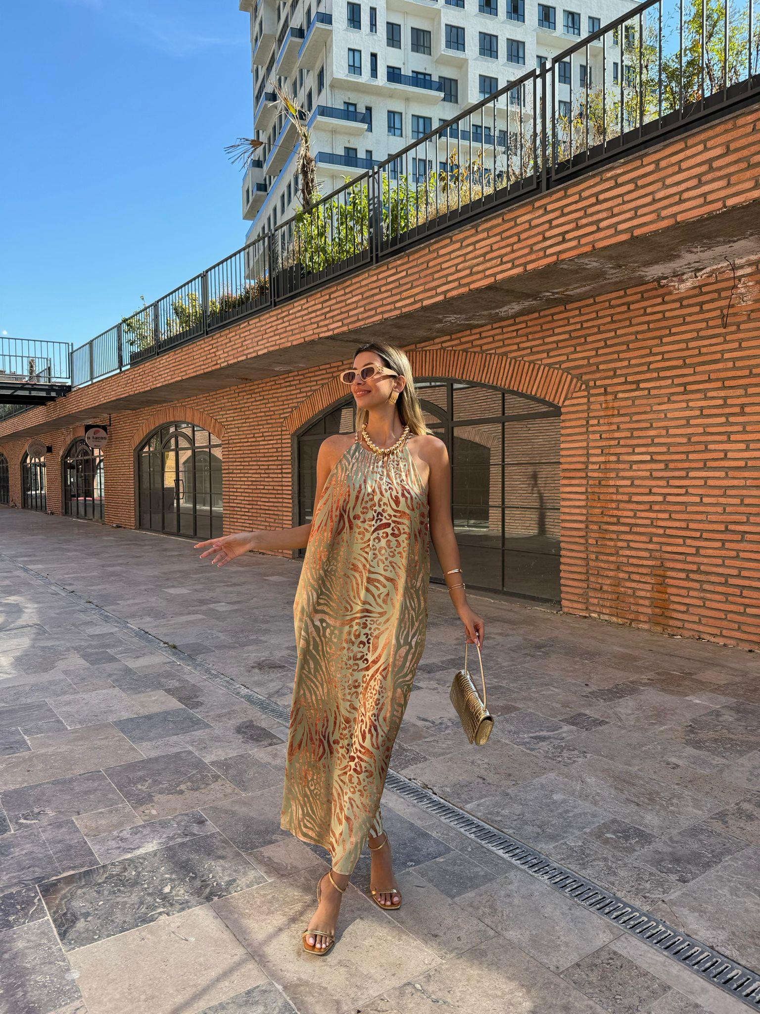 Miessa Varak Leopar Baskılı Su Yeşili Elbise 07062193