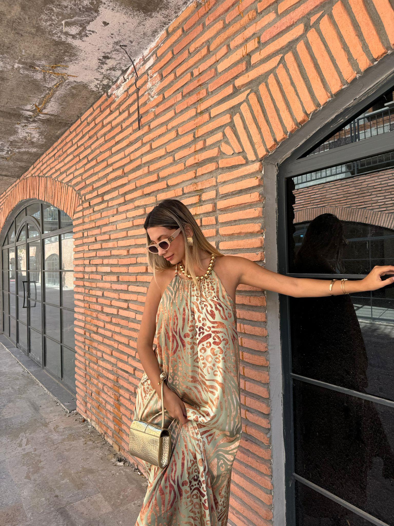 Miessa Varak Leopar Baskılı Su Yeşili Elbise 07062193
