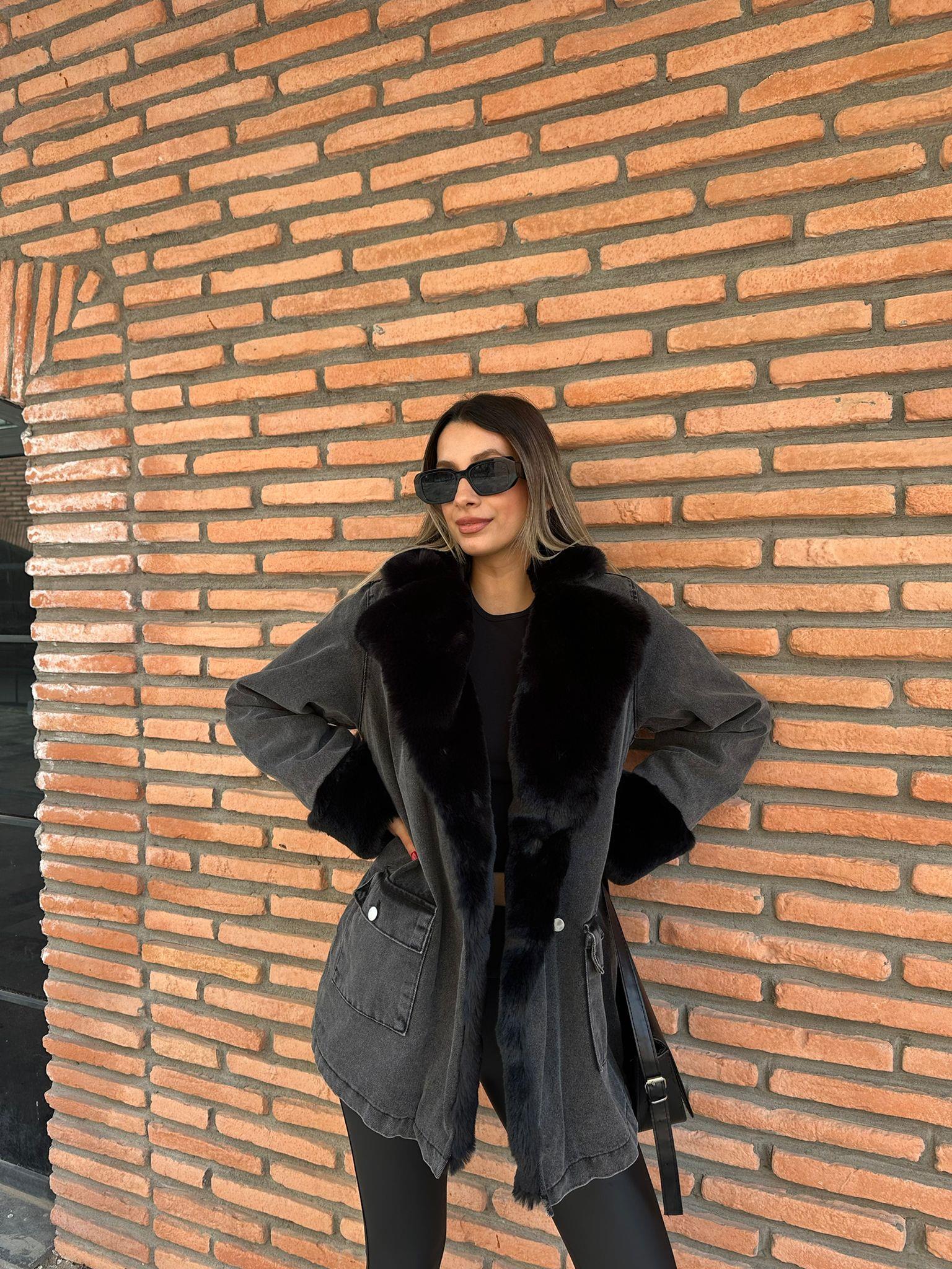 Mila Antrasit İçi Siyah Kürk Detay Uzun Jean Mont mnt1051sg