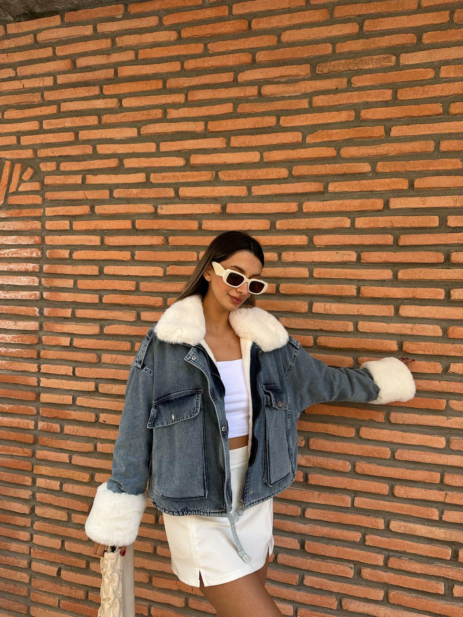 Milena İçi Full Beyaz Kürklü Mavi Jean Ceket mnt1051sg
