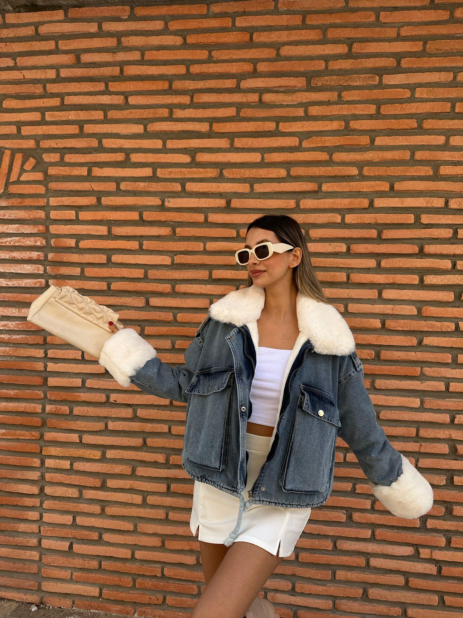 Milena İçi Full Beyaz Kürklü Mavi Jean Ceket mnt1051sg