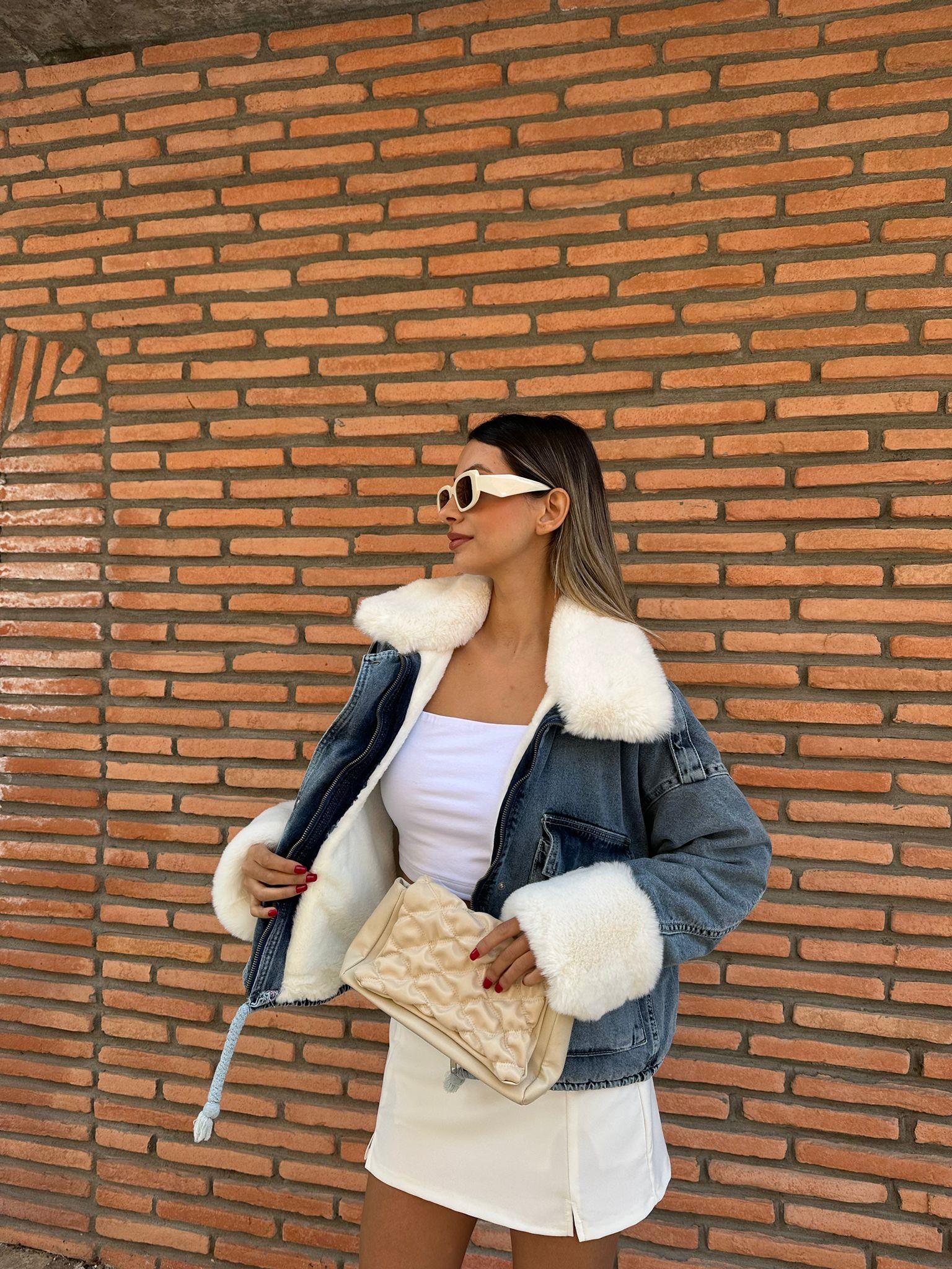 Milena İçi Full Beyaz Kürklü Mavi Jean Ceket mnt1051sg