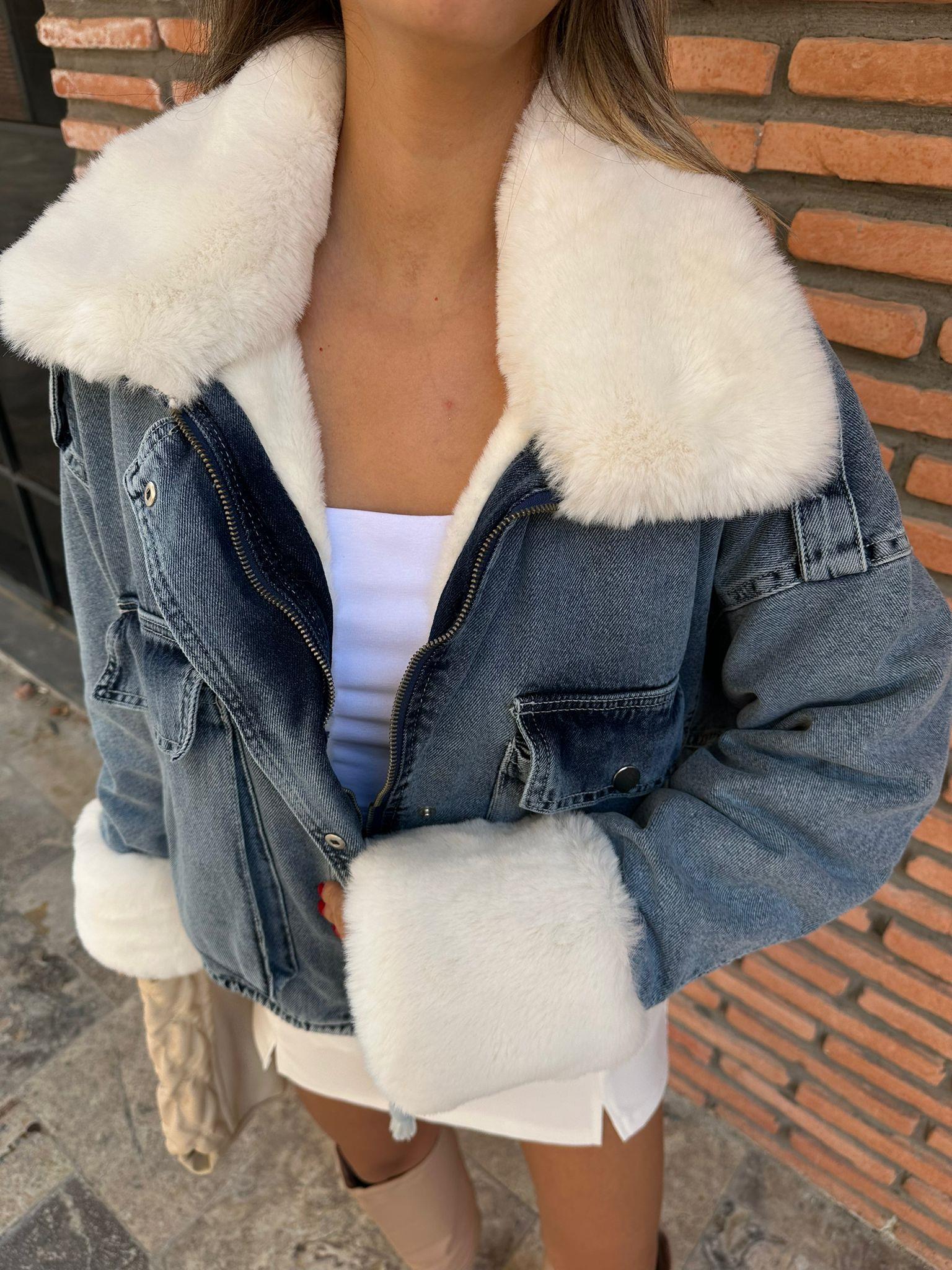 Milena İçi Full Beyaz Kürklü Mavi Jean Ceket mnt1051sg