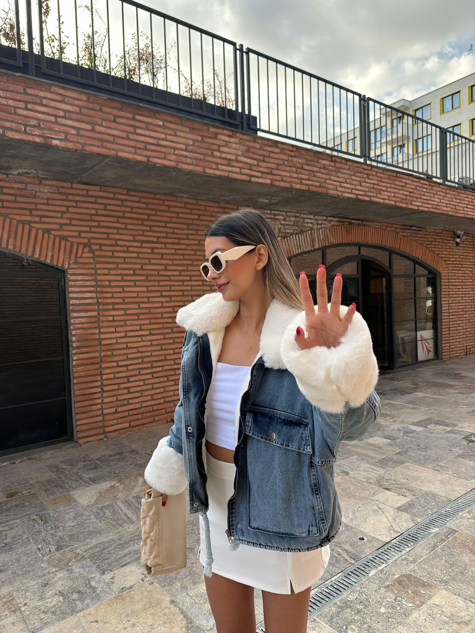 Milena İçi Full Beyaz Kürklü Mavi Jean Ceket mnt1051sg