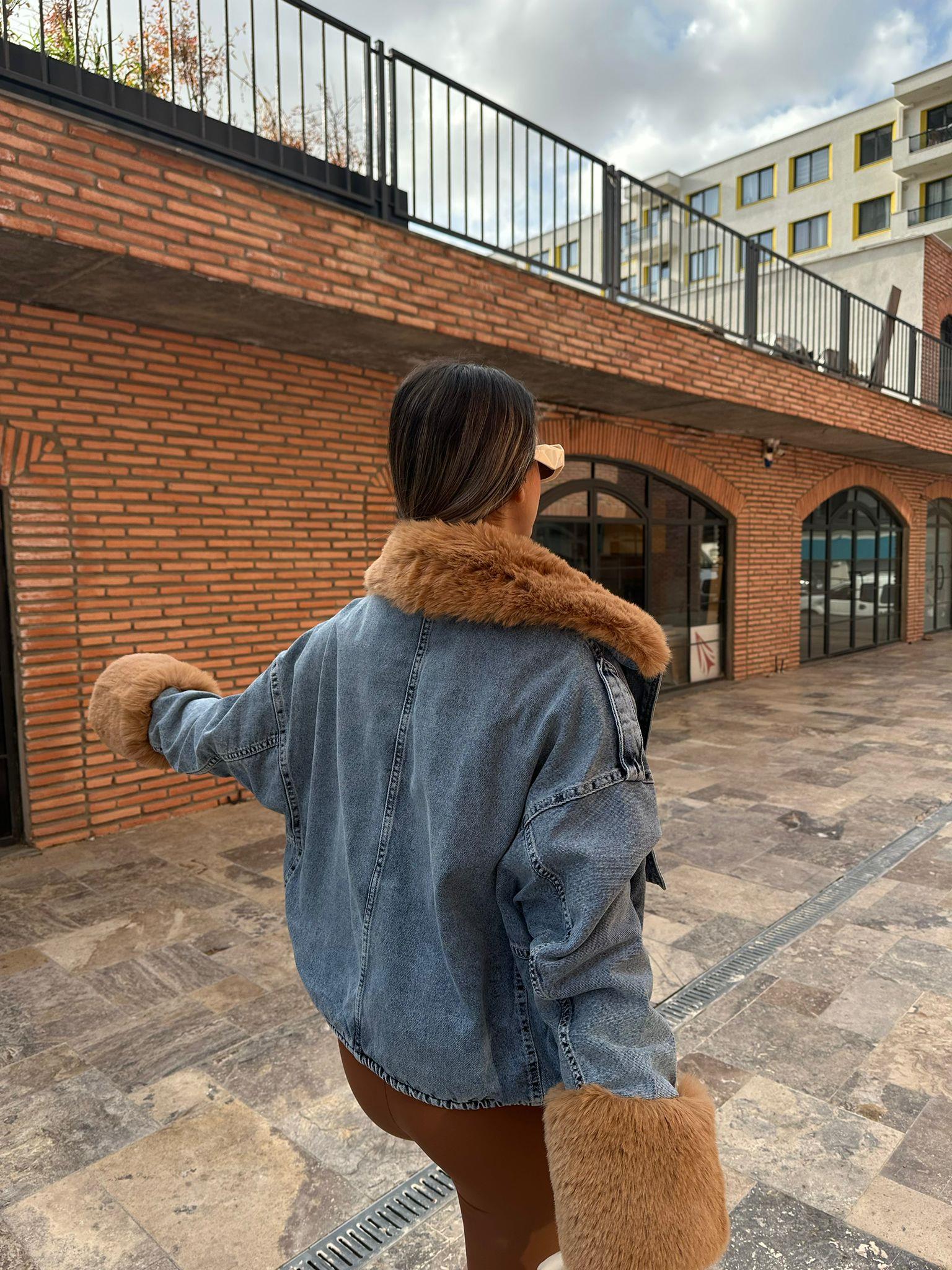 Milena İçi Full Camel Kürklü Mavi Jean Ceket mnt1051sg