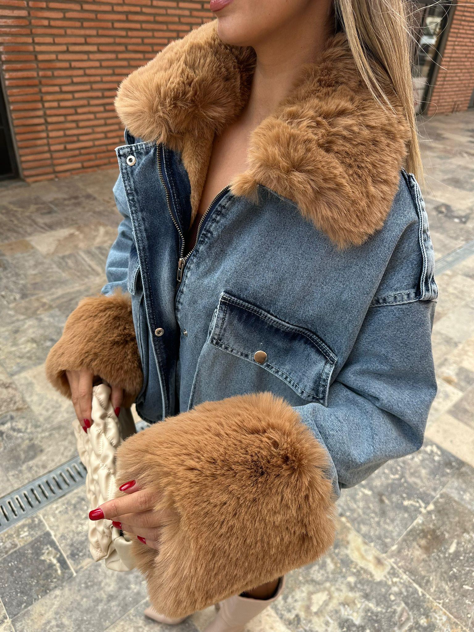 Milena İçi Full Camel Kürklü Mavi Jean Ceket mnt1051sg