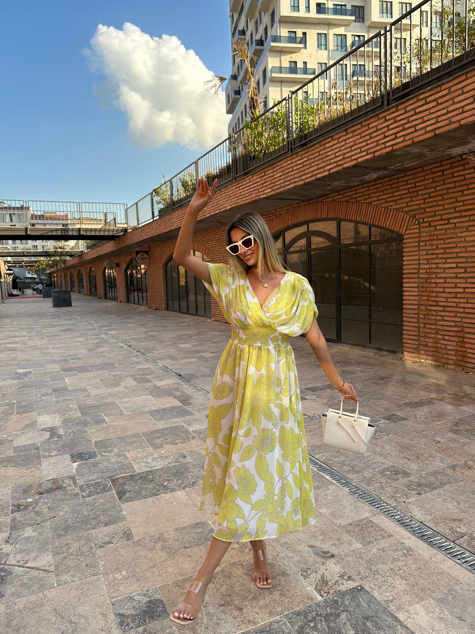 Morfo Bel Gipeli Orjinal Marka Sarı Şifon Elbise 07062161