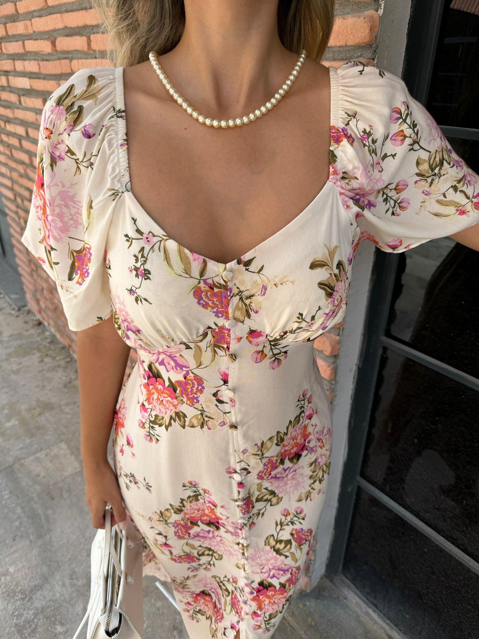 Nipa Pembe Çiçekli Vintage Elbise  070621115