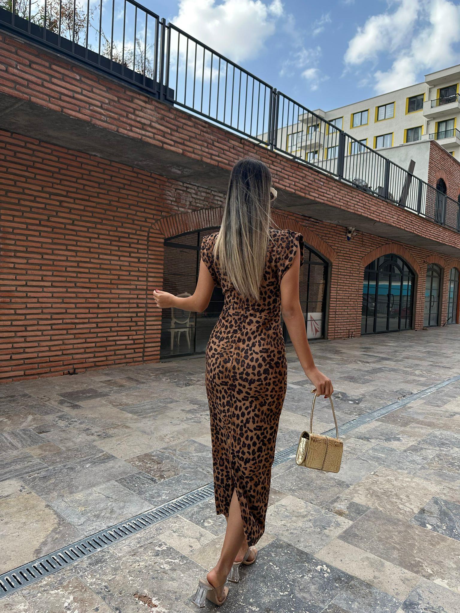 Nubuk Kumaş Leopar Desen Elbise kelb1044ny