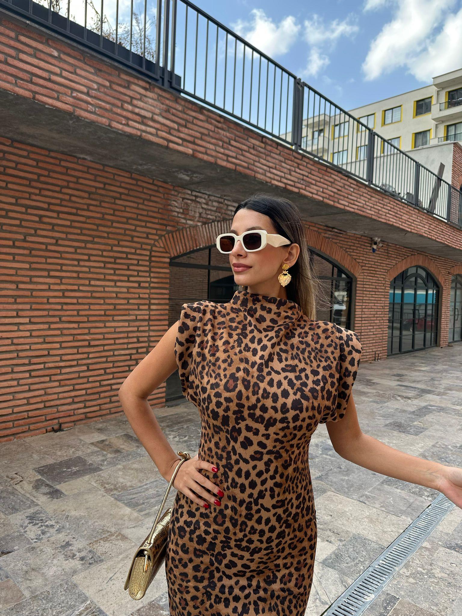 Nubuk Kumaş Leopar Desen Elbise kelb1044ny