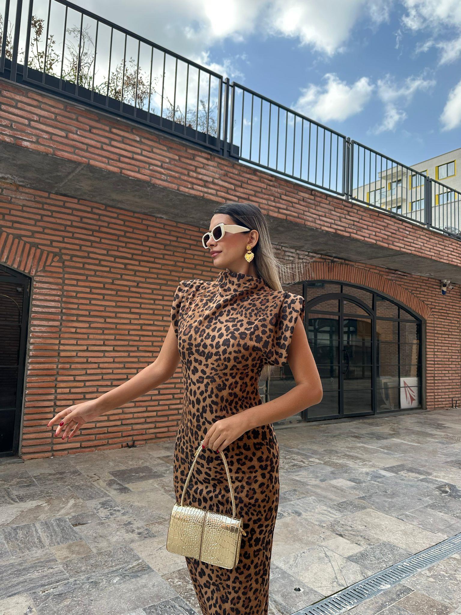 Nubuk Kumaş Leopar Desen Elbise kelb1044ny