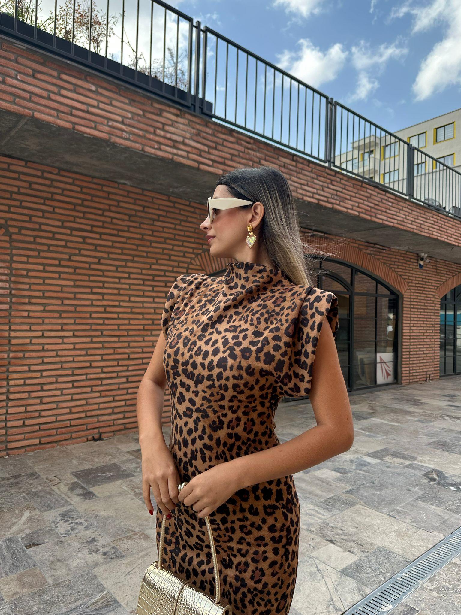 Nubuk Kumaş Leopar Desen Elbise kelb1044ny