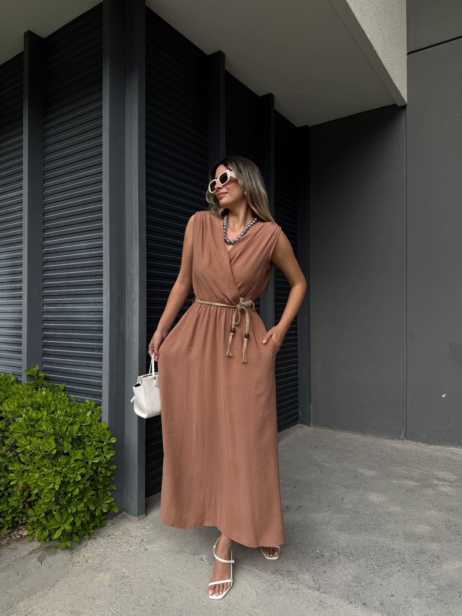 Omuz Büzgülü Hasır İp Kemerli Camel Elbiseyelb1020egz