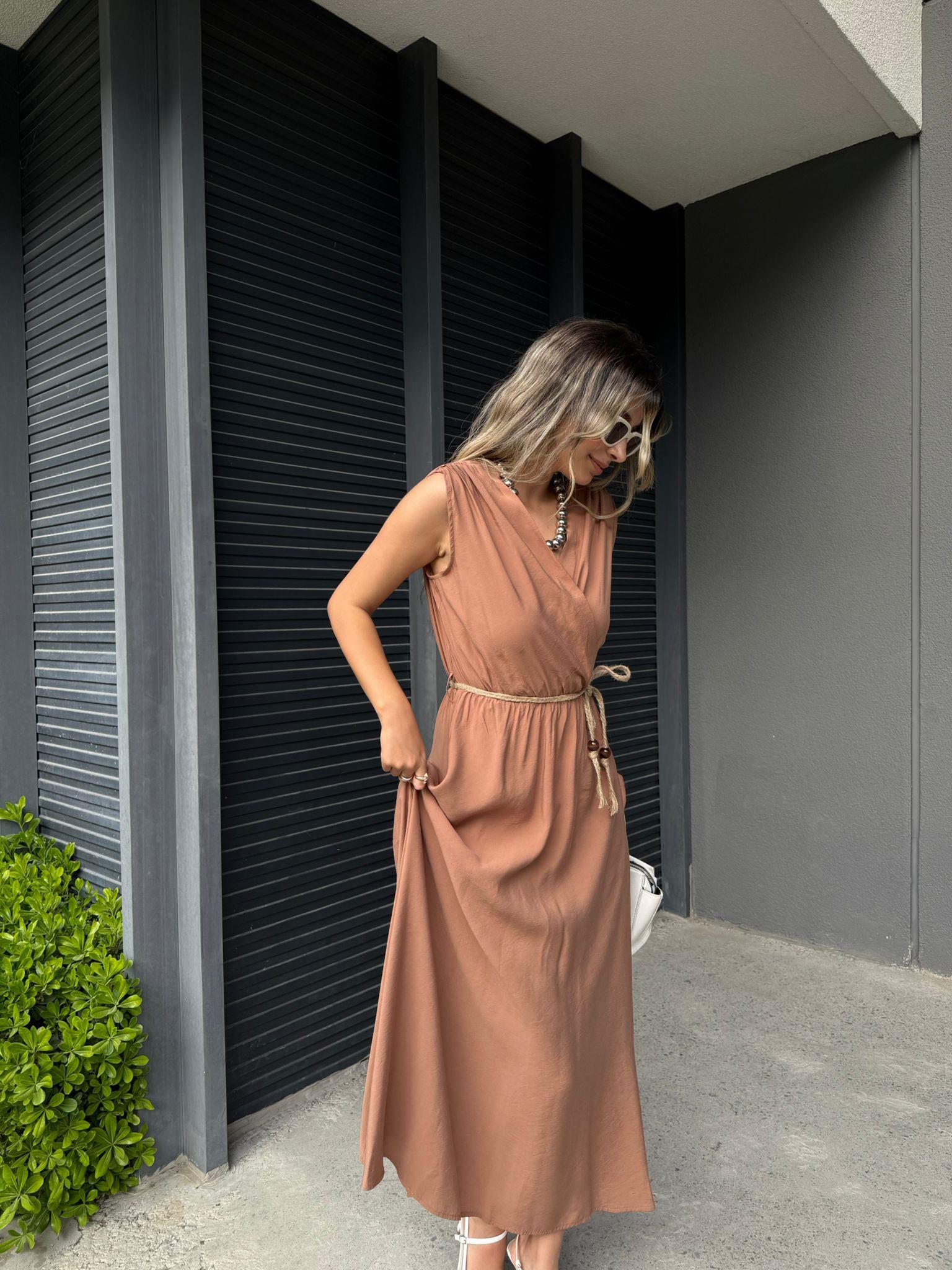 Omuz Büzgülü Hasır İp Kemerli Camel Elbiseyelb1020egz