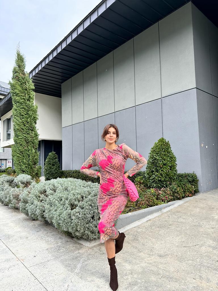 Omuz Büzgülü Pembe Desen Tül Elbise 1707490