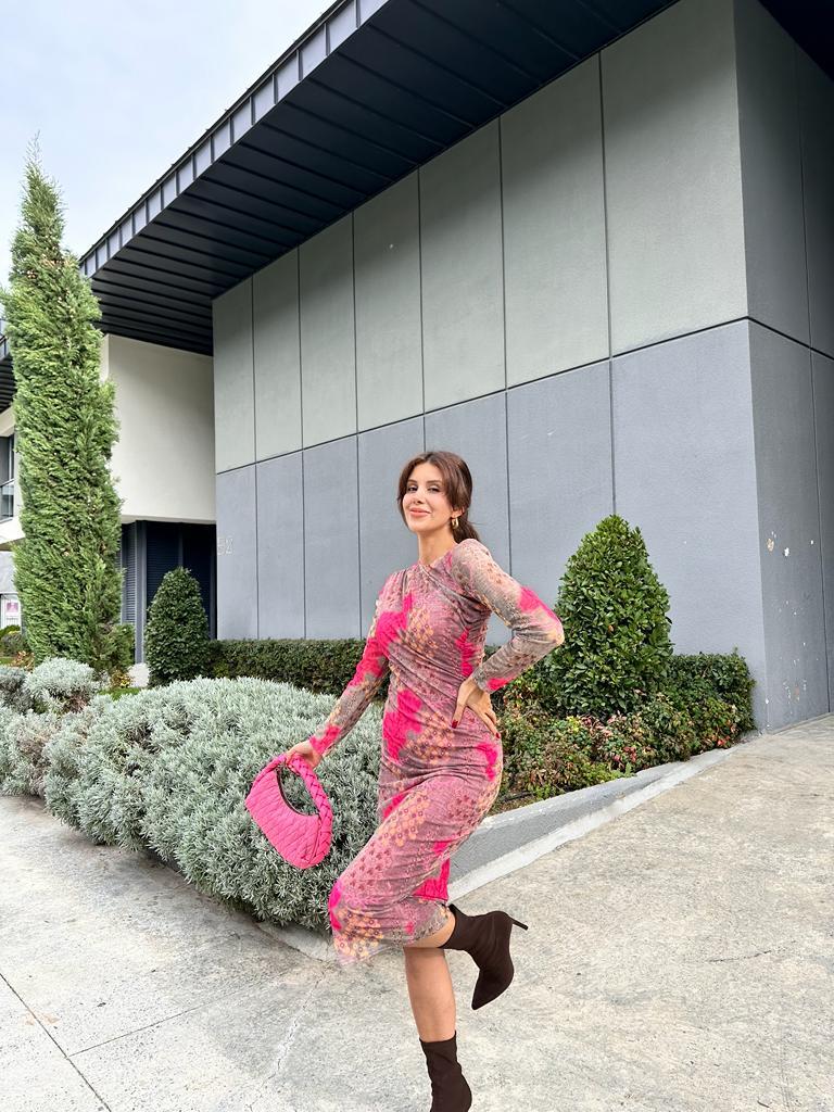 Omuz Büzgülü Pembe Desen Tül Elbise 1707490