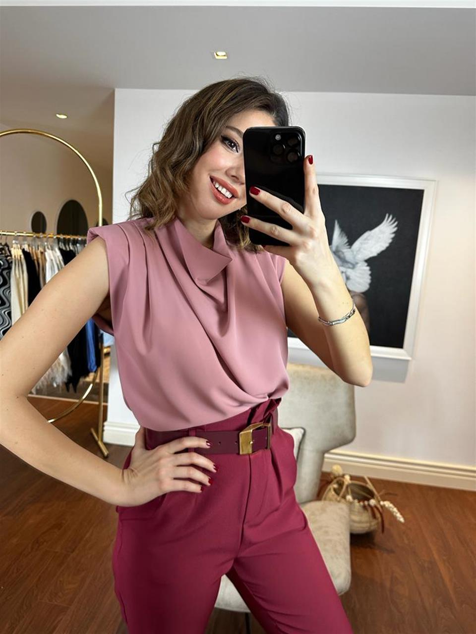 Omuz Vatkalı Gül Kurusu Bluz 230253