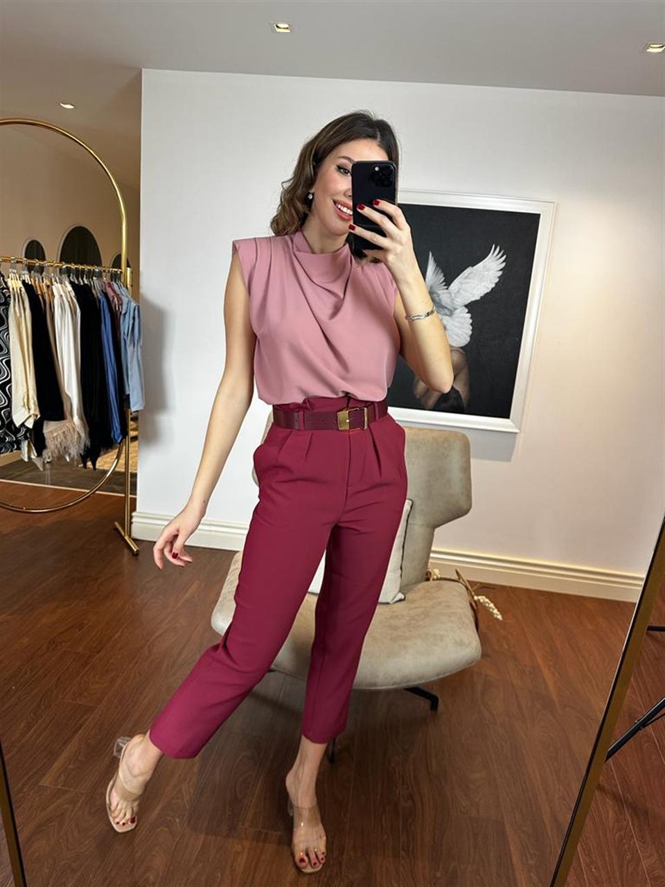 Omuz Vatkalı Gül Kurusu Bluz 230253