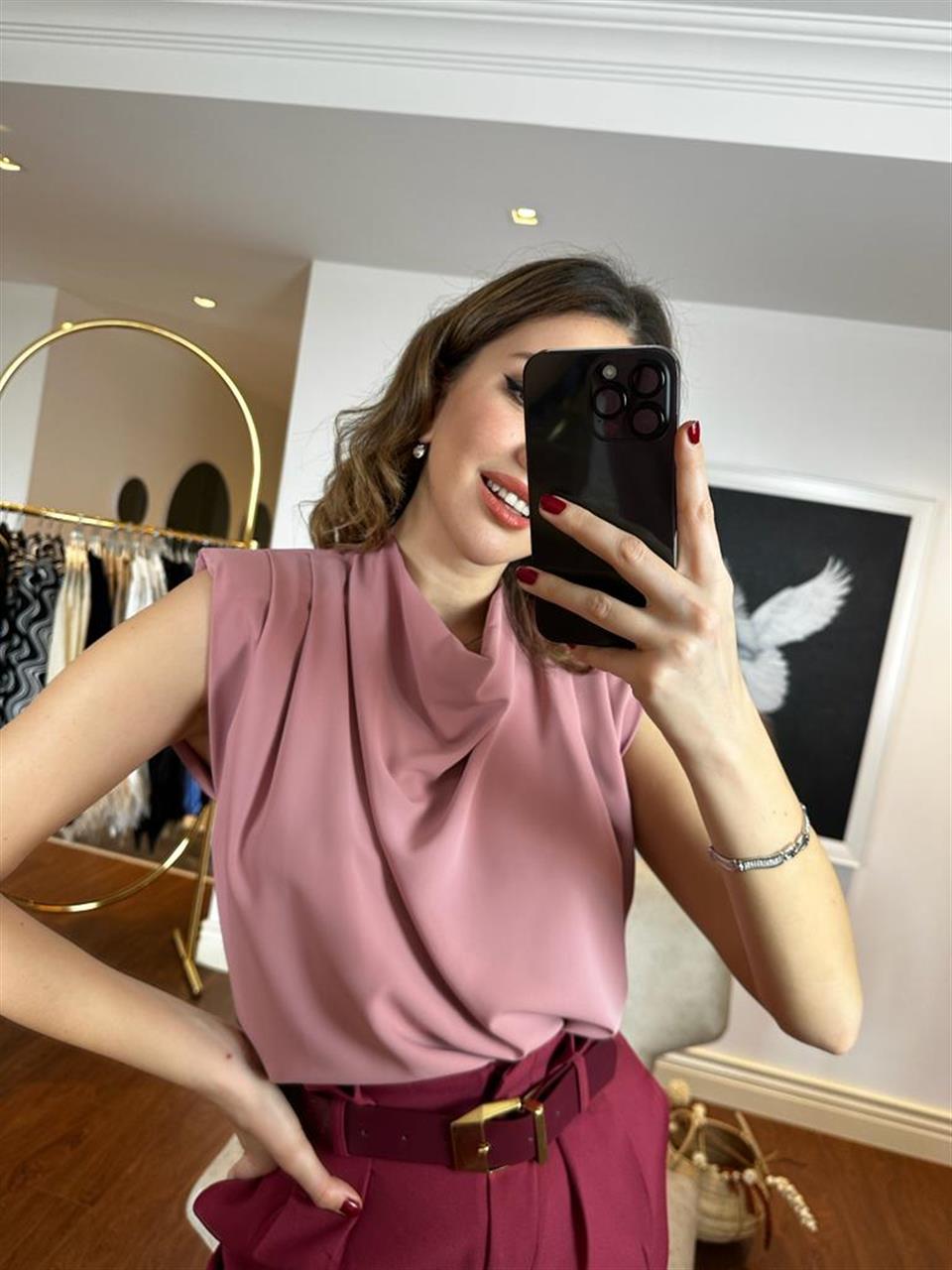 Omuz Vatkalı Gül Kurusu Bluz 230253
