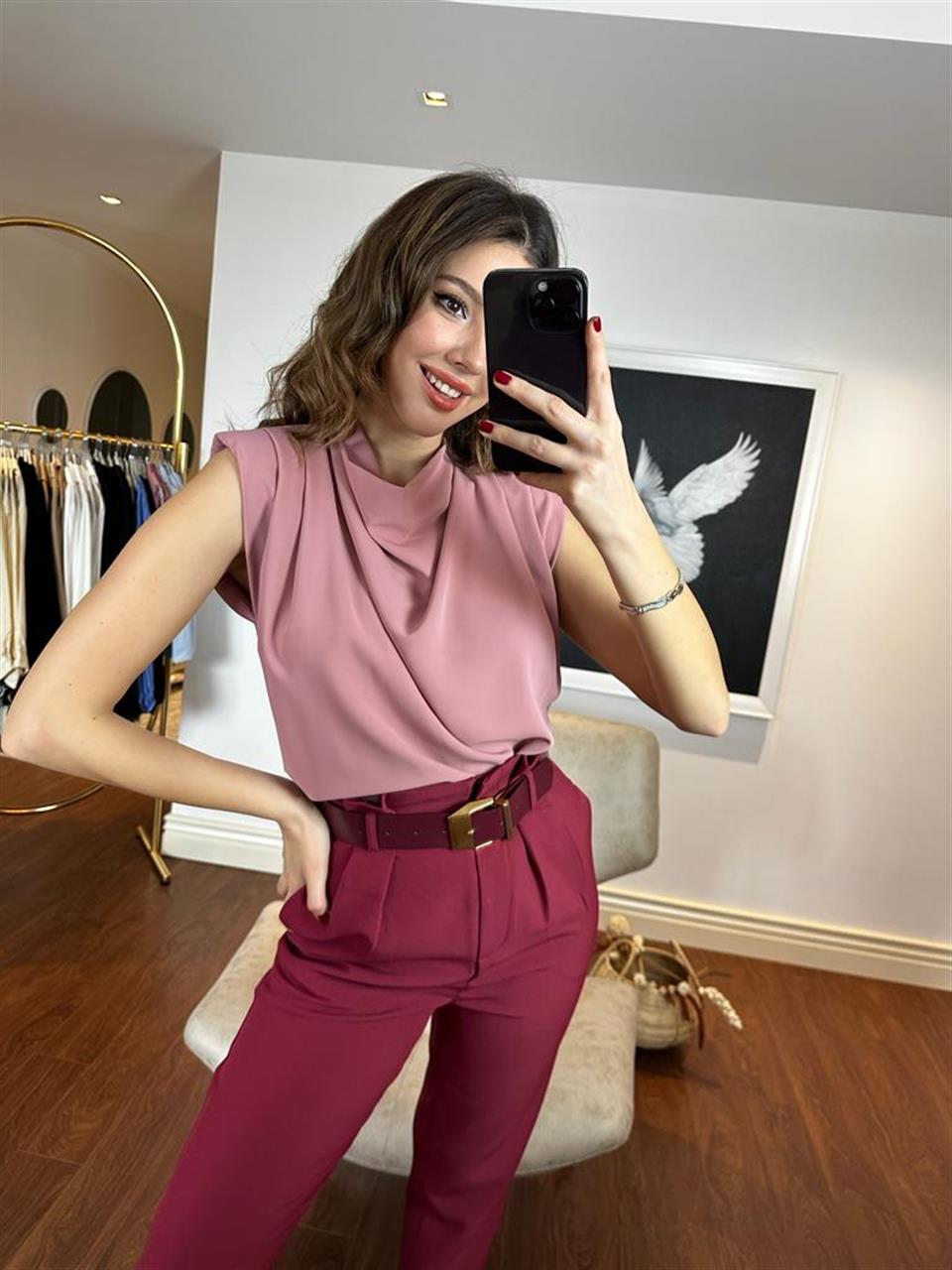 Omuz Vatkalı Gül Kurusu Bluz 230253