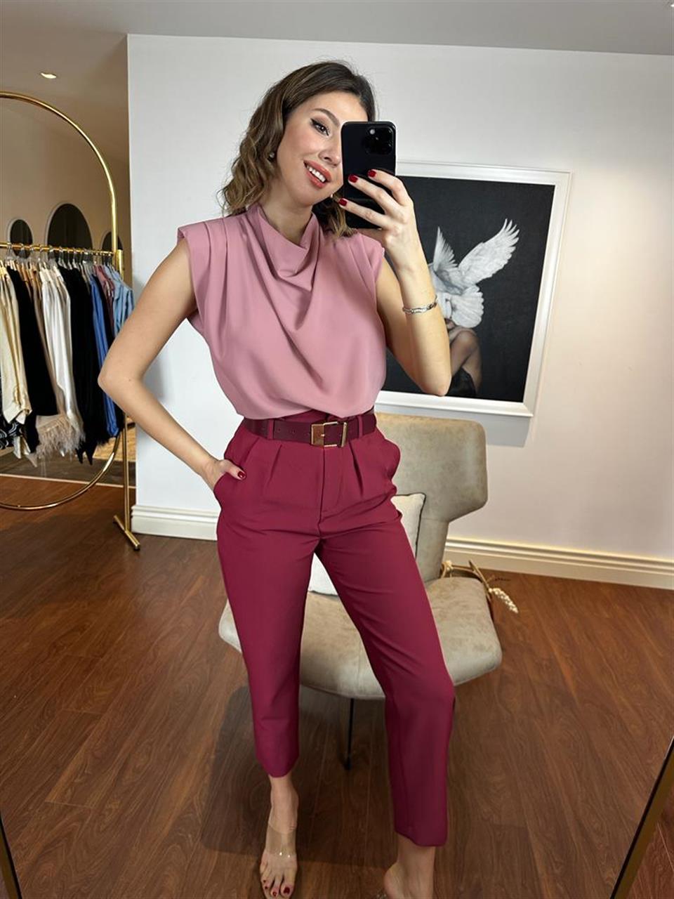 Omuz Vatkalı Gül Kurusu Bluz 230253