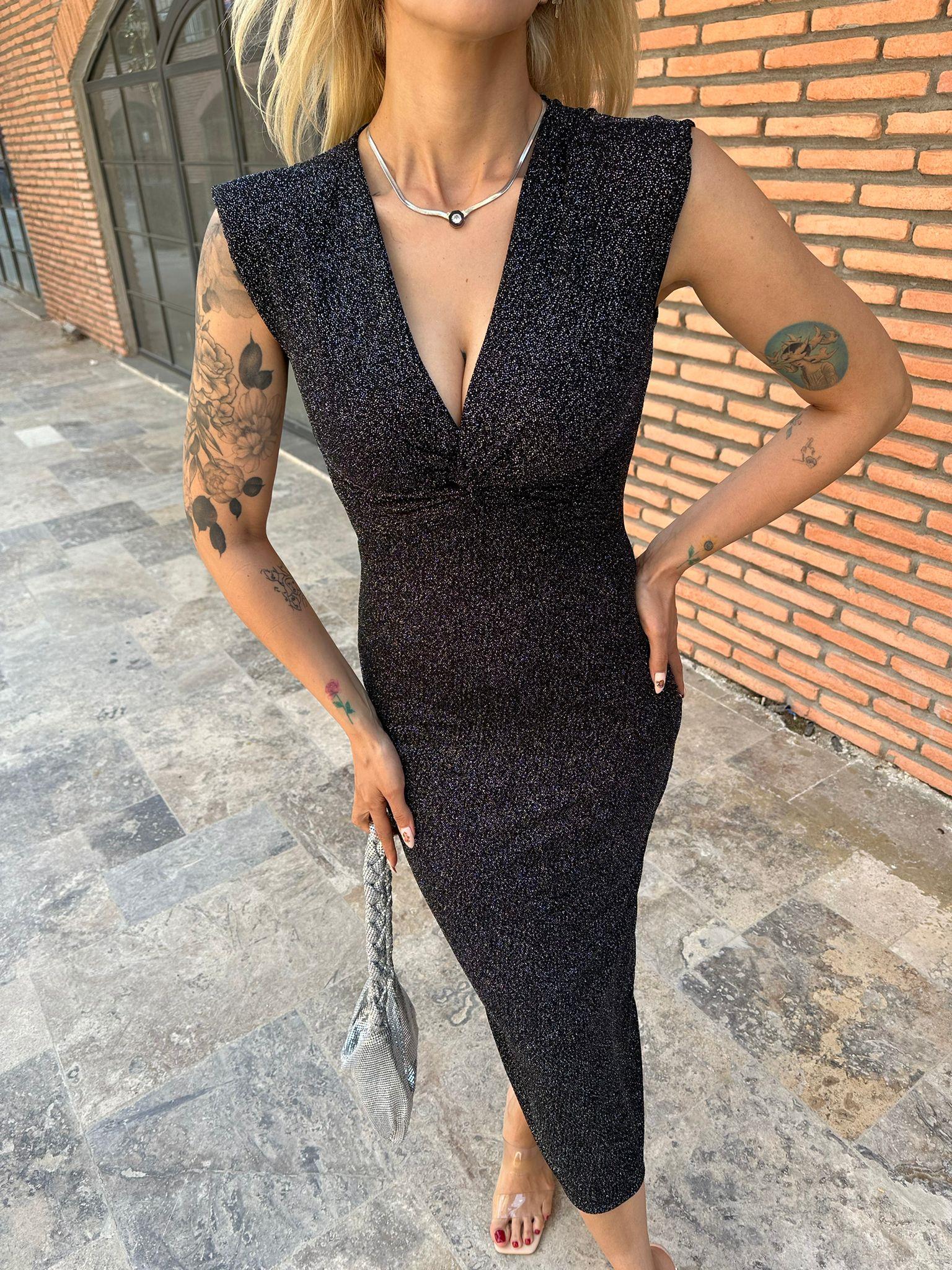 Omuz Vatkalı Simli Igor Kadın Siyah Elbise 0706299