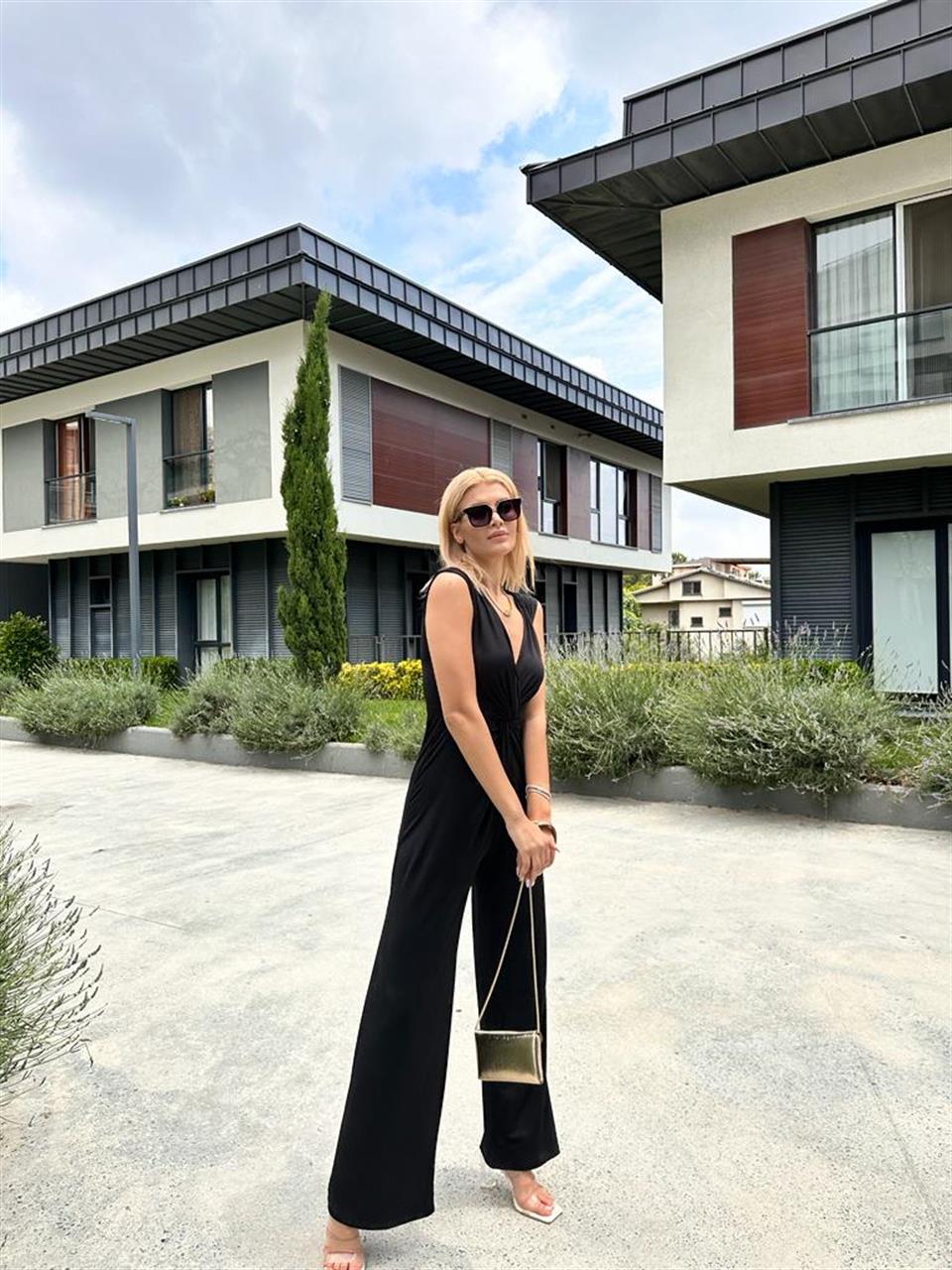 Önü Düğümlü Sırt Fermuarlı Siyah Tulum 1506281