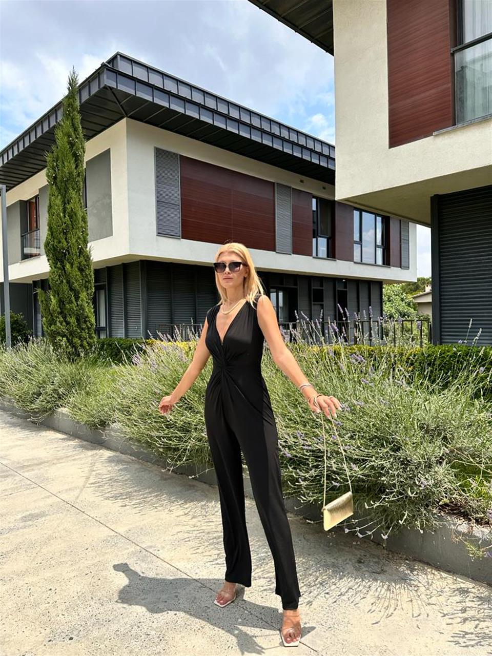 Önü Düğümlü Sırt Fermuarlı Siyah Tulum 1506281