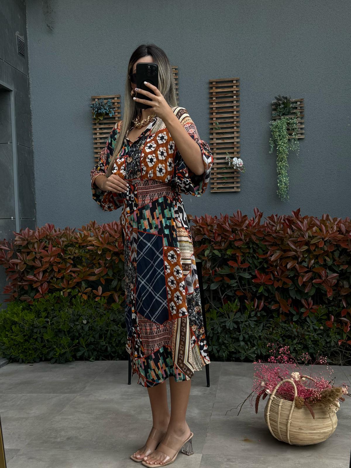 Orjinal Marka Patchwork Desen Elbiseyelb3018inblu