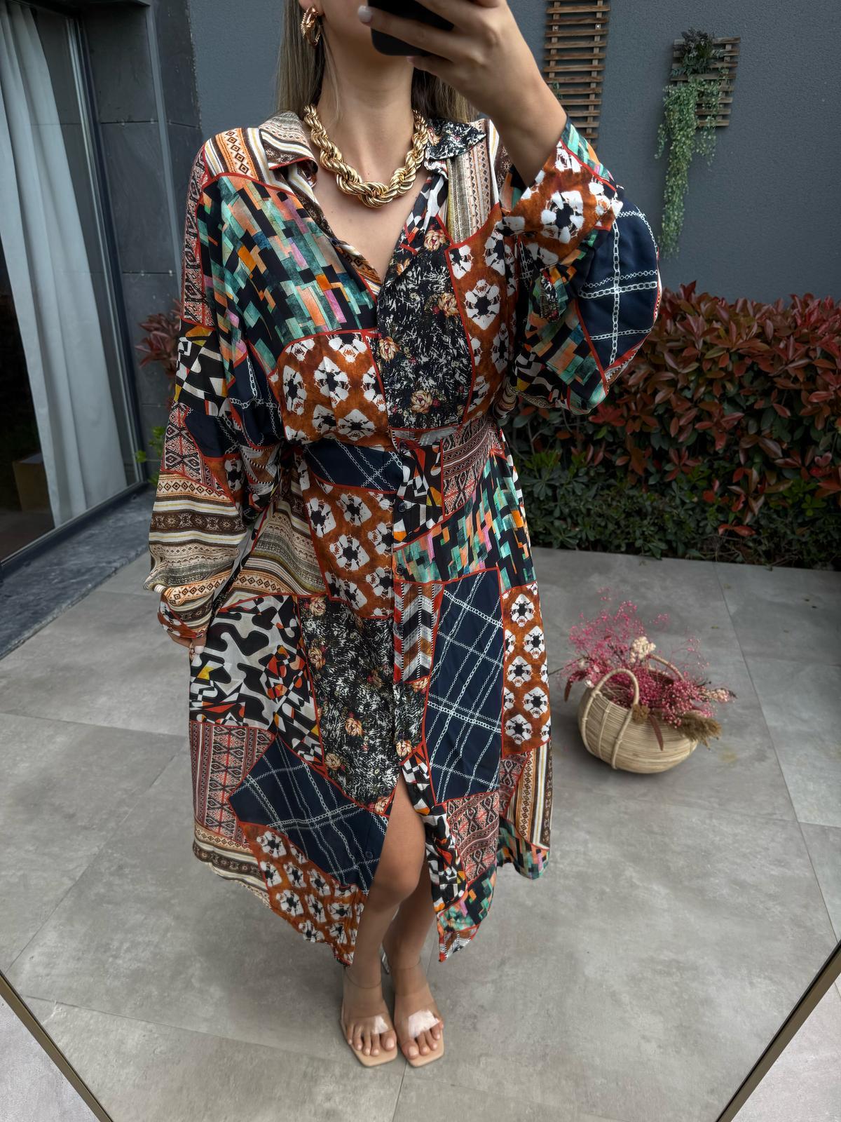 Orjinal Marka Patchwork Desen Elbiseyelb3018inblu