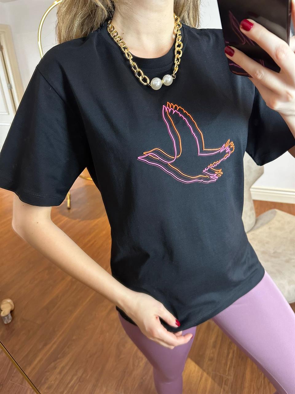 Orjinal Marka Siyah Bisiklet Yaka Logo Baskılı T-shirt 230279