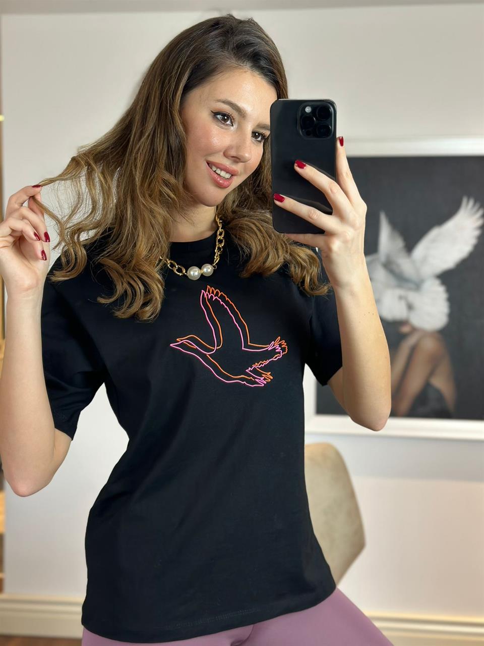 Orjinal Marka Siyah Bisiklet Yaka Logo Baskılı T-shirt 230279