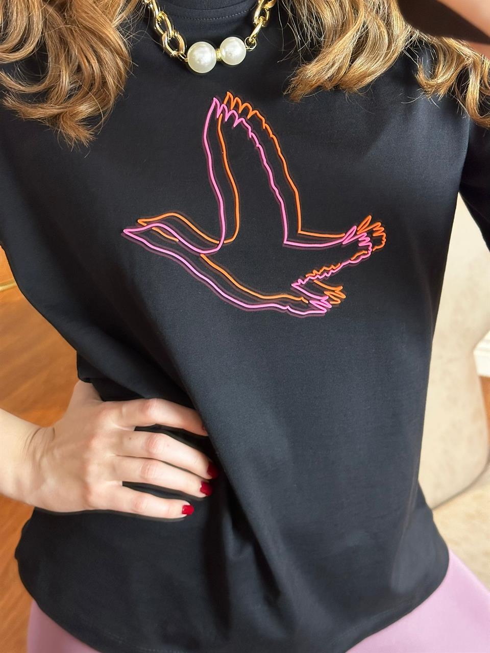 Orjinal Marka Siyah Bisiklet Yaka Logo Baskılı T-shirt 230279