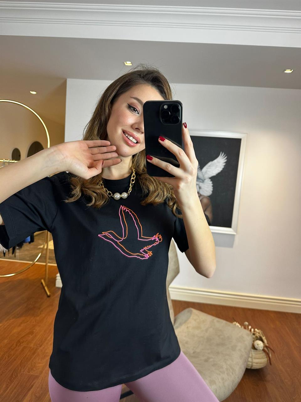 Orjinal Marka Siyah Bisiklet Yaka Logo Baskılı T-shirt 230279