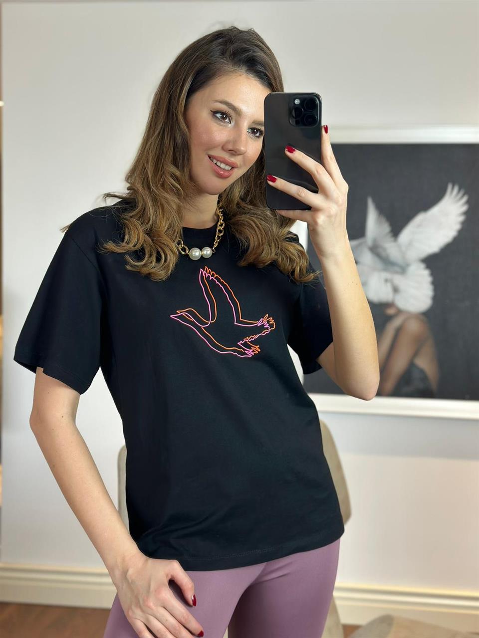 Orjinal Marka Siyah Bisiklet Yaka Logo Baskılı T-shirt 230279