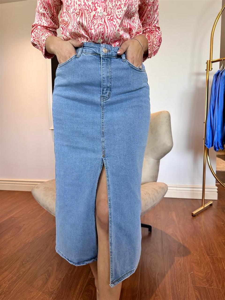 Orjinal Marka Yırtmaçlı Blue Jean Etek 2904162