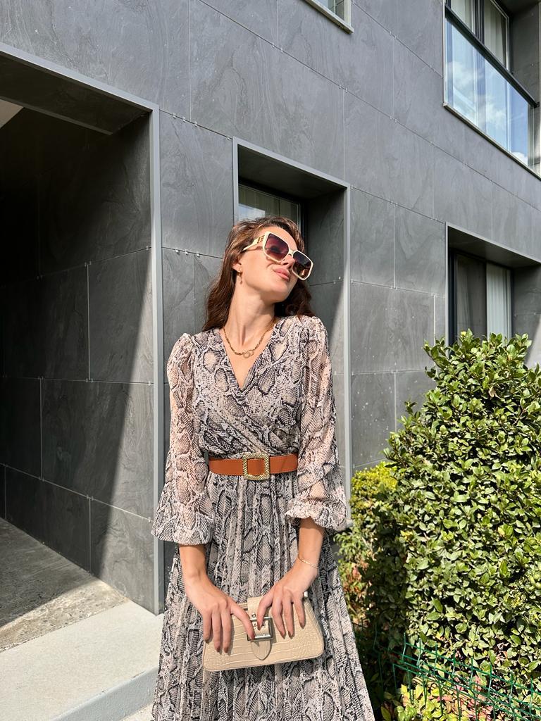 Orla Yılan Desen Kemerli Şifon Elbise 1707432