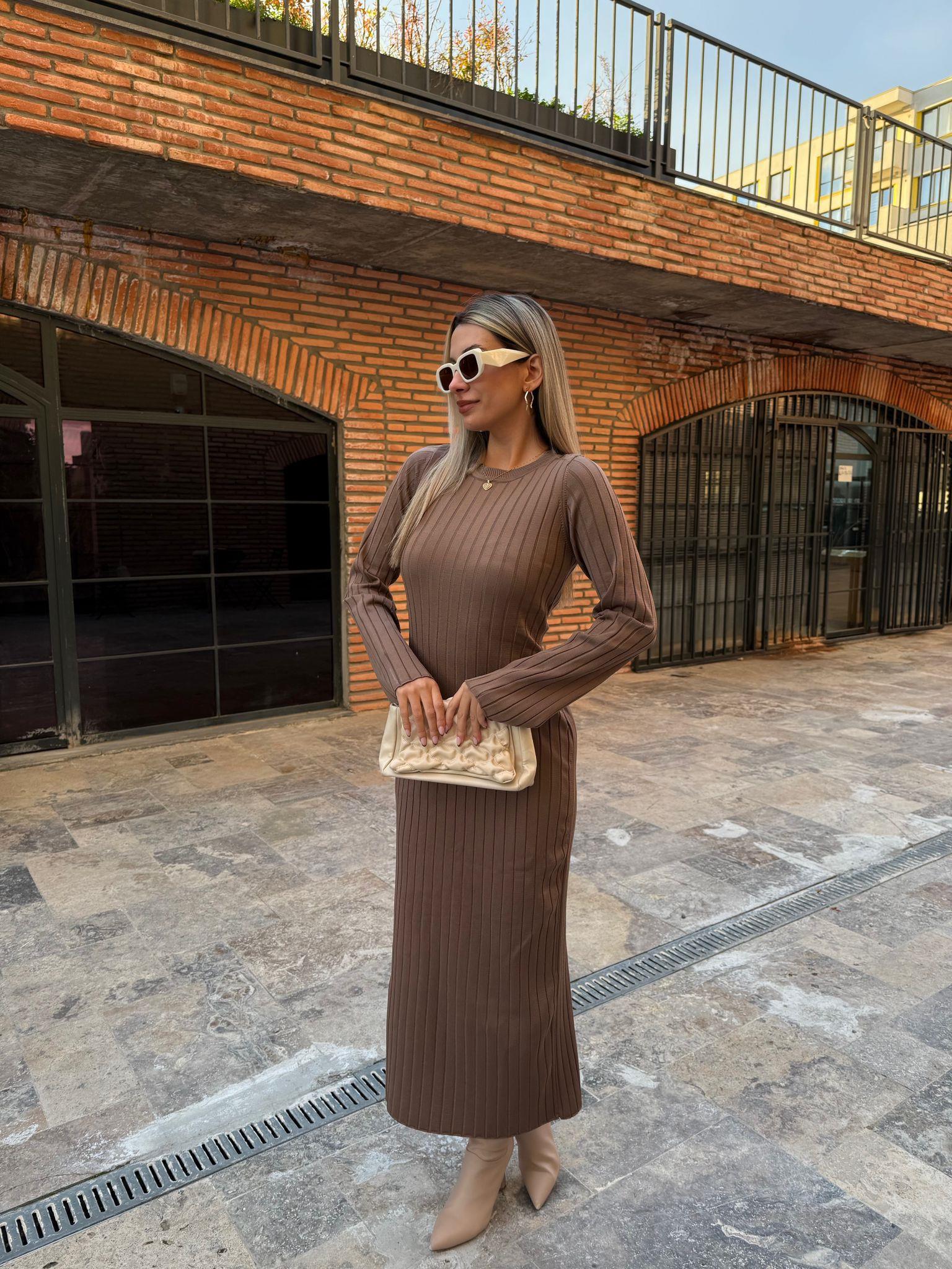 Oslo Geniş Kol İpek Triko Camel Elbise kelb2073qss