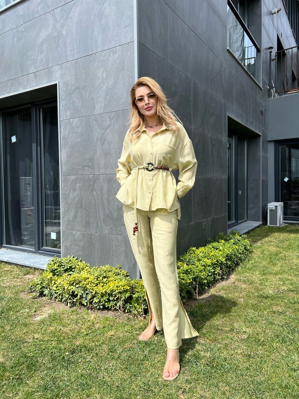 Oversize Kemerli Gömlek Pantolon Takım