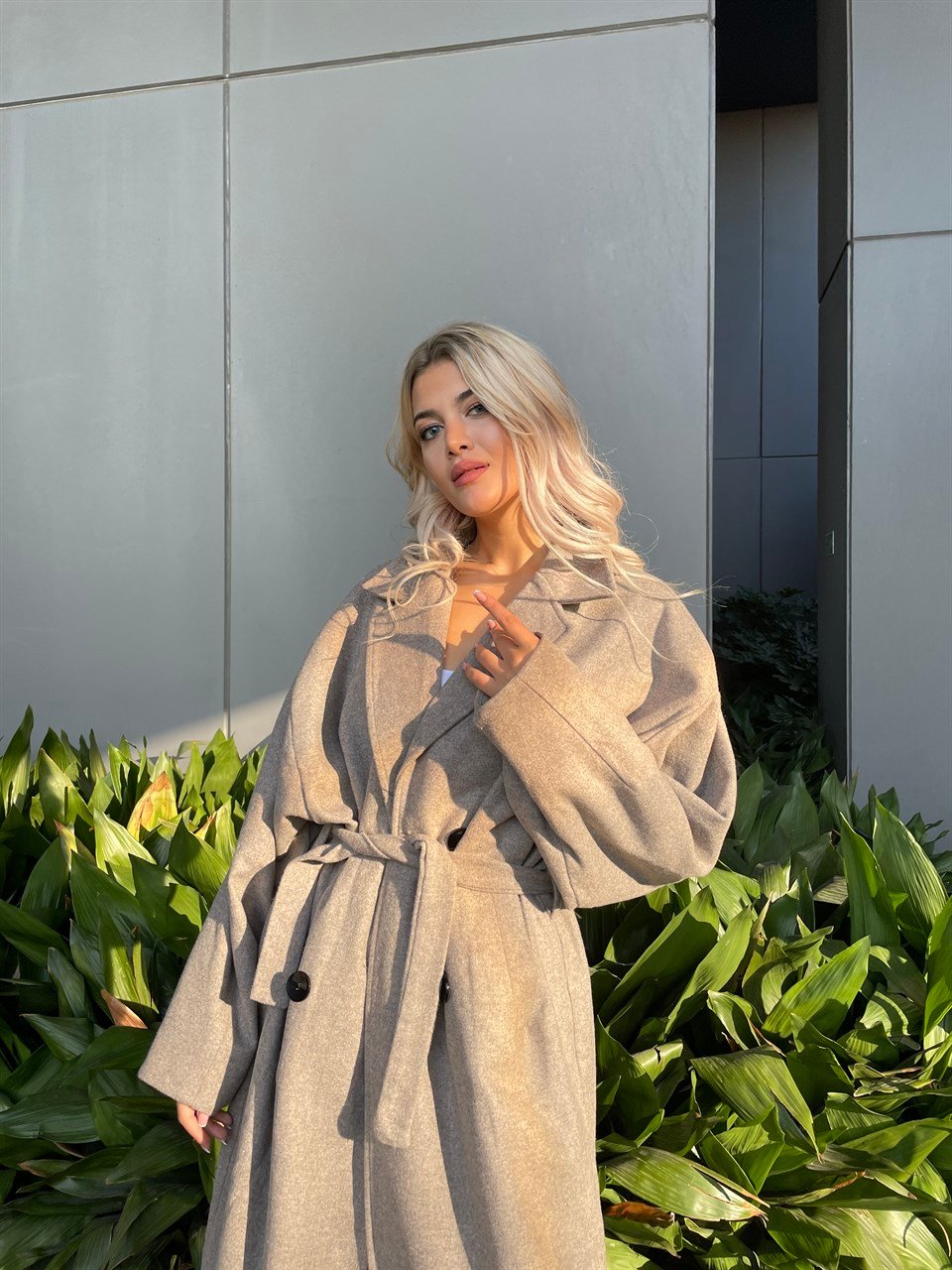 Oversize Koyu Bej Kaşe Kaban