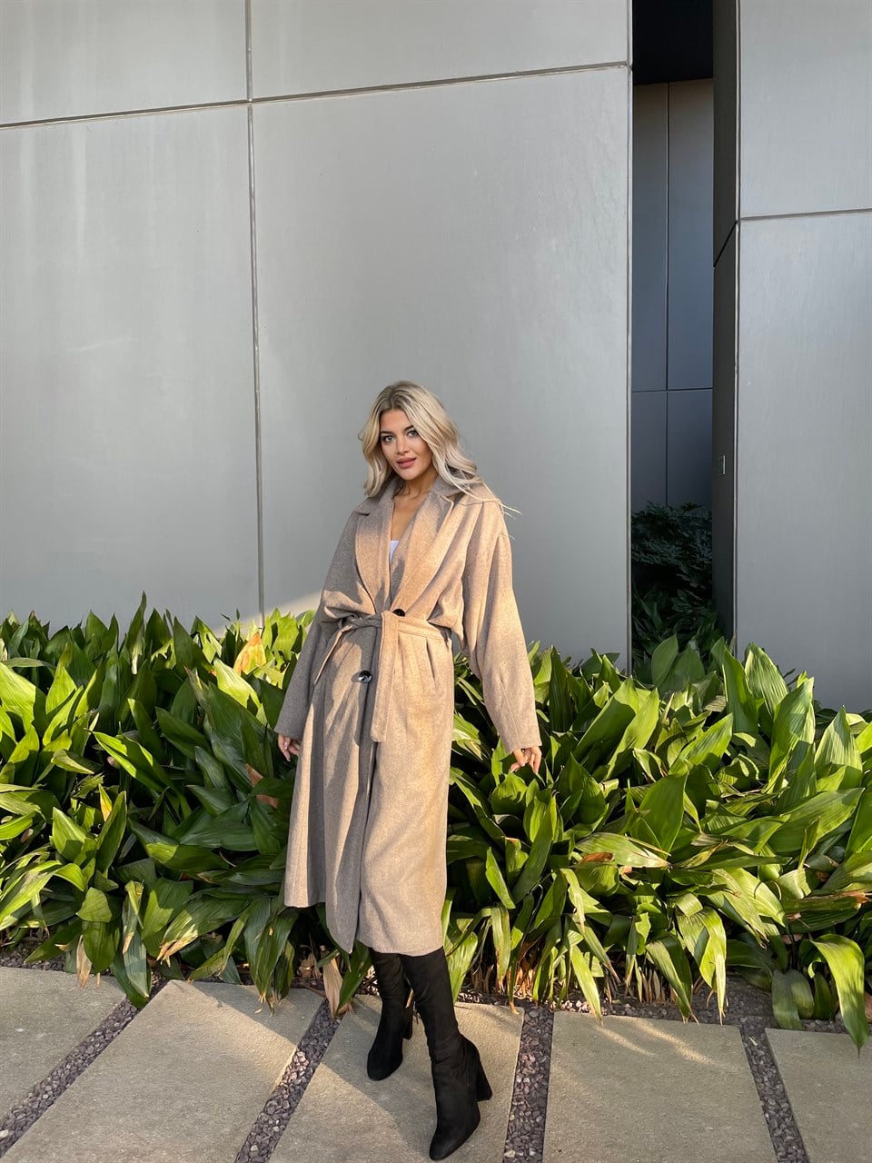 Oversize Koyu Bej Kaşe Kaban