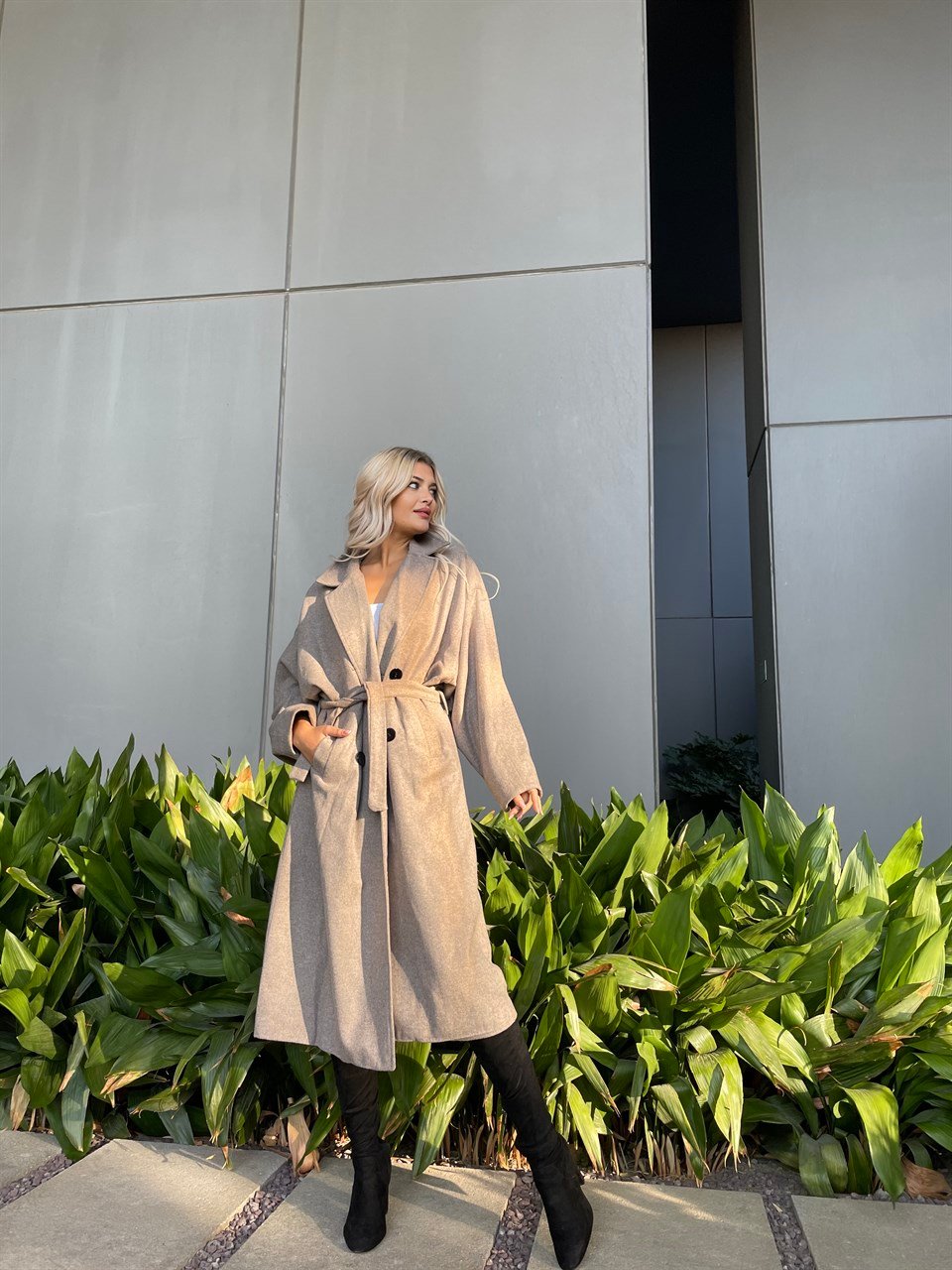 Oversize Koyu Bej Kaşe Kaban
