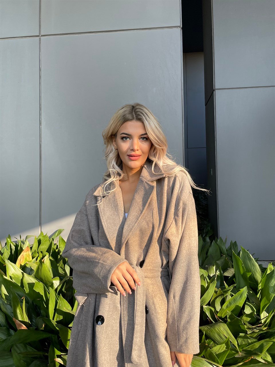 Oversize Koyu Bej Kaşe Kaban