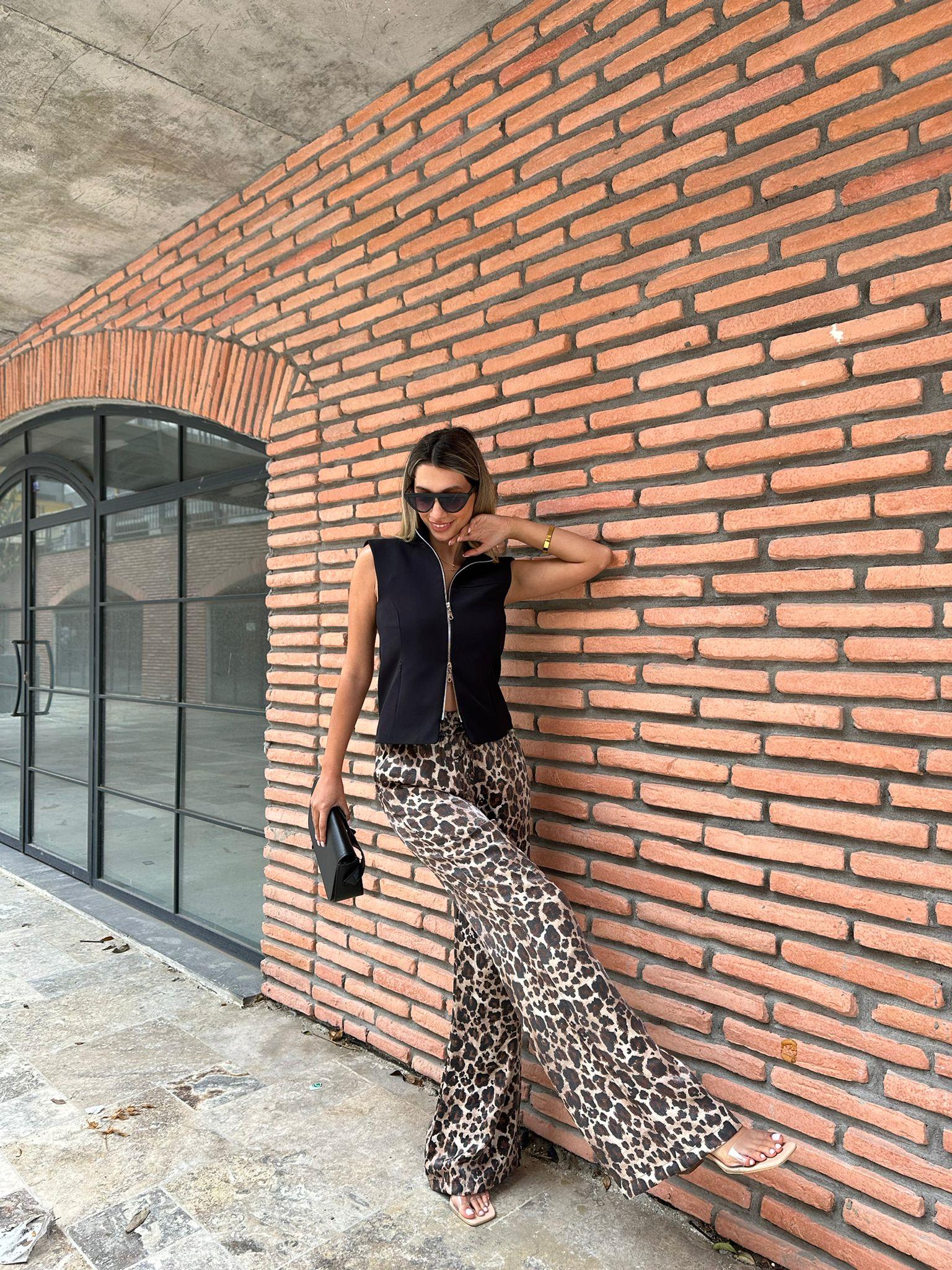 Parlak Leopar Bel Lastikli Pantolon 07062137