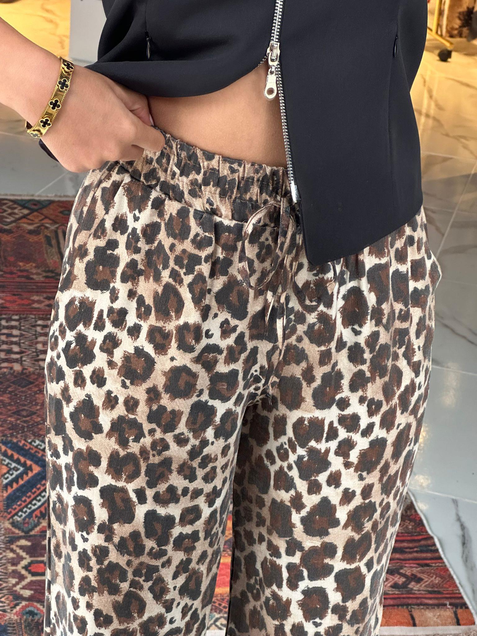 Parlak Leopar Bel Lastikli Pantolon 07062137