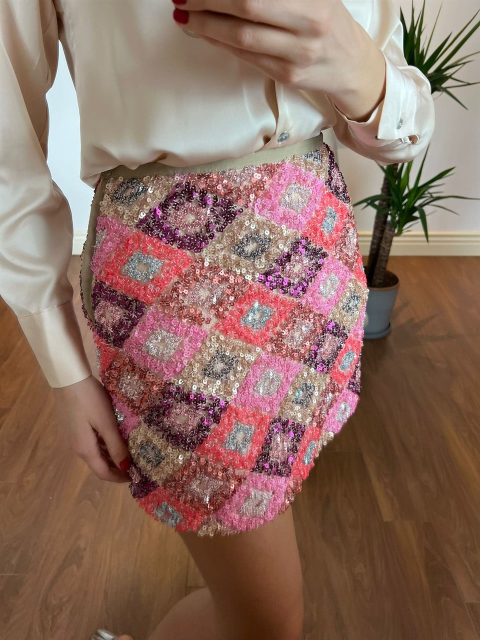 Payet İşleme Mini Etek Pembe 230214